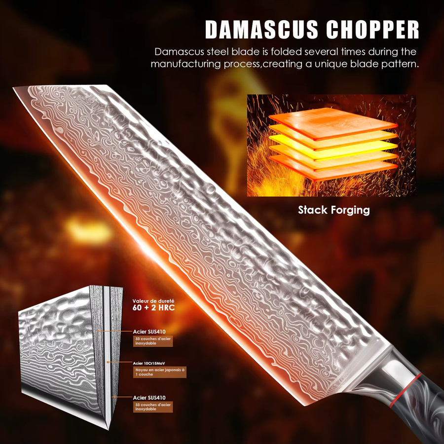 SAEIV Damast-Kochmesser aus 67 Lagen Damaststahl mit schwarzem G10 ergonomischem Griff, 8 Zoll (Breite: 20,32 cm) - Bild 3