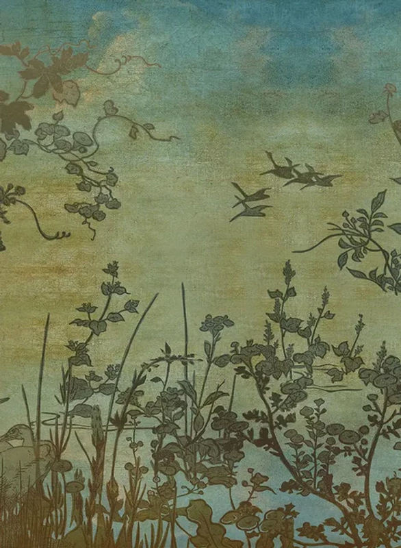 Eijffinger Mural Cranes at Dawn Wandtattoo in Grün, Blau und Mehrfarbig mit floralem und orientalischem Naturmotiv - Bild 1