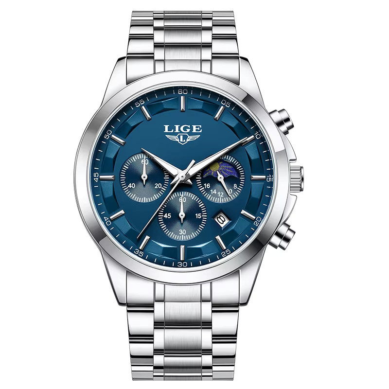 LIGE Herren-Armbanduhr Chronograph, Quarz, Edelstahl, Blau, Herren - Bild 6