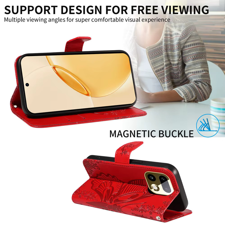 Magnetische Leder-Brieftaschenhülle für OPPO Realme 15 15T 14 14T 14X Pro Plus 5G mit Ständer und 3D-Schmetterlingsdesign in Rot - Bild 3