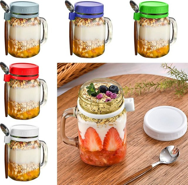 Weithalsglas für Overnight Oats und Joghurt mit Deckel und Löffel, auslaufsicherer Frühstücksbehälter aus Glas, 450 ml, transparent/grau - Bild 1