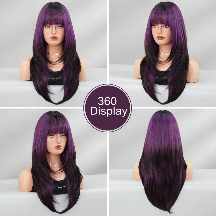 7JHH WIGS Perücke Damen, schwarz-lila Ombré, synthetisch, hitzebeständig - Bild 4