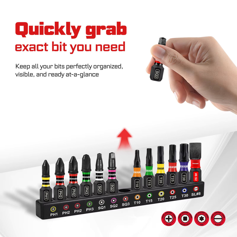 Geinxurn 13-teiliges Impact-Schraubendreher-Bit-Set aus S2-Stahl mit Phillips, Quadrat und Schlitz, 1 Zoll magnetische Bits mit farbcodierter Basis - Bild 5