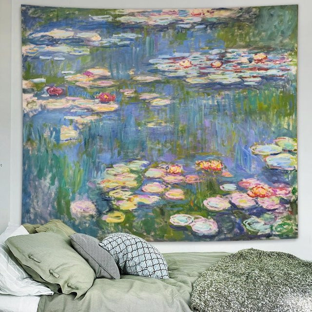 VIKAMA Impressionistische Seerosen-Tapisserie in Multicolour mit Ölgemälde-Textur als florale Wanddekoration - Bild 1