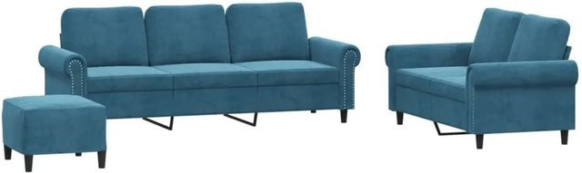 vidaXL 3-teilige Sofagarnitur aus Samt in Blau mit 3-Sitzer, 2-Sitzer und Ottoman inklusive Kissen - Bild 1