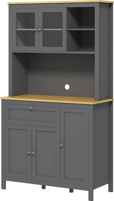 HOMCOM Küchenschrank Buffet im modernen Stil mit Glastüren und Schubladen, Grau, B: 100 cm, T: 40 cm, H: 180 cm - Bild 1
