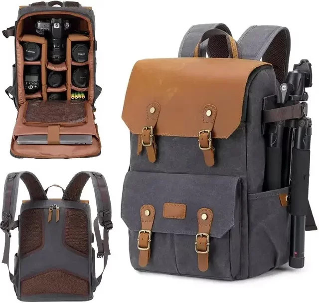 CAREELL DSLR-Kamerarucksack aus gewachstem Segeltuch mit USB-C-Anschluss, wasserdichter SLR- und Drohnenrucksack in Grün oder Grau - Bild 1