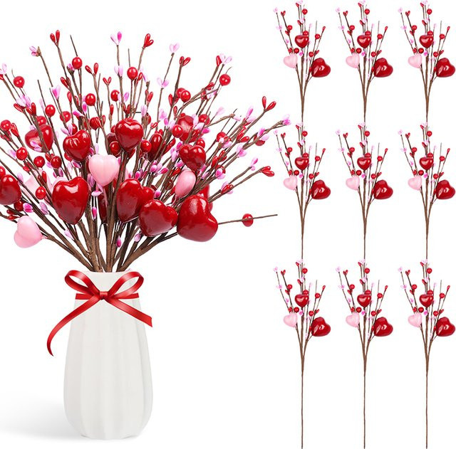 5 Stück ZQNYCY künstliche Herz-Beeren-Blumenstiele in Rot für deine Tischdekoration und DIY-Vasen - Bild 1