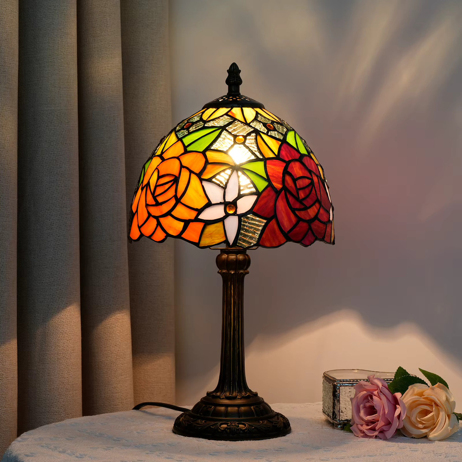Rose Tiffany Kleine Tischlampe aus Buntglas im Art Nouveau Design, Mehrfarbig, Höhe: 36,5 cm - Bild 3