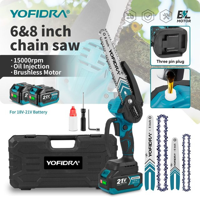 YOFIDRA Bürstenlose elektrische Astsäge und Kettensäge mit 8 und 6 Zoll, wiederaufladbare Holzbearbeitungssäge kompatibel mit Makita LXT Akkupins - Bild 1
