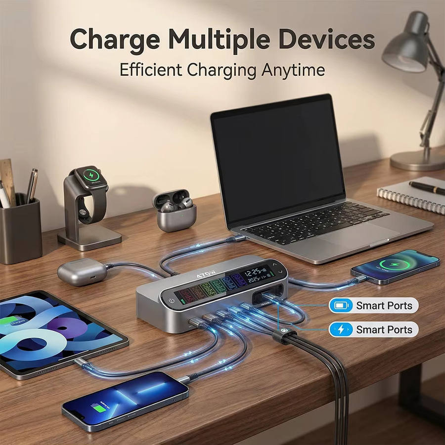 LZJV GAN Desktop-Ladestation mit LCD-Display und 140W Typ-C Multi-Port Schnellladegerät in Grau inklusive 65W skaliertem Ladekabel - Bild 2