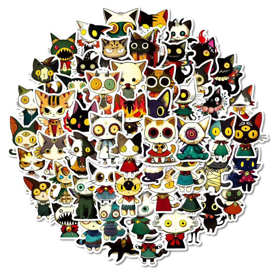 Set mit 56 oder 112 Katzen-Illustrationsaufklebern im Retro-Cartoon-Doodle-Stil, mehrfarbig, ideal für Notebook, Tablet, Skateboard und Telefon - Bild 7