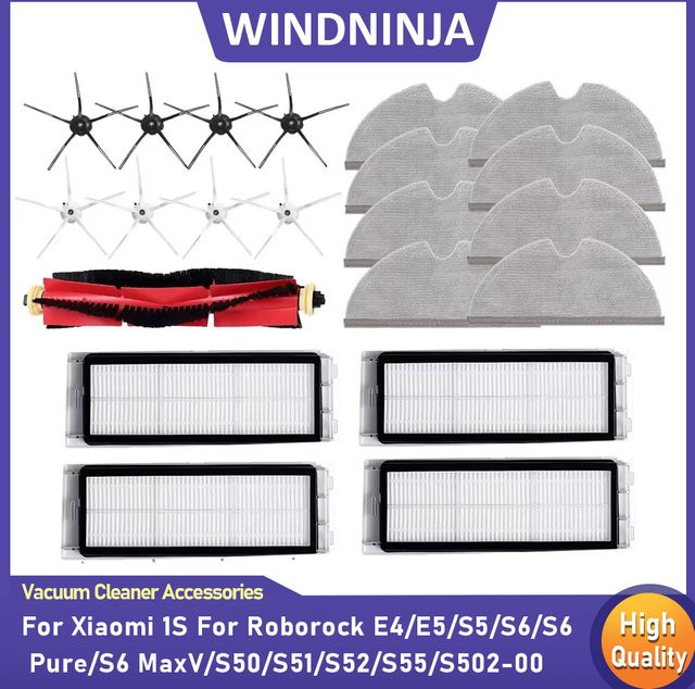 Roborock Ersatzteil-Set für S5 S50 S51 S52 S502 S55 S6 Pure S6 MaxV E4 E5 und Xiaomi 1S mit Hauptbürste, Seitenbürsten, Filtern und Wischtüchern - Bild 1