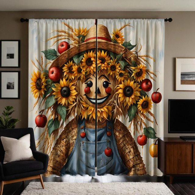 2er Set Erntedank Girlande Vogelscheuche Dekorationsvorhang mit digitalem Druck, Gelb und Braun, B: 132 cm, H: 160 cm - Bild 1