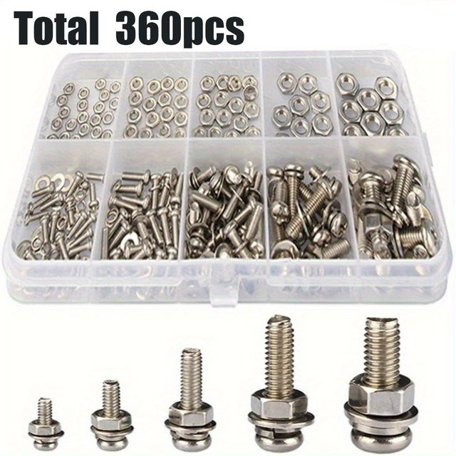 360-teiliges Edelstahl-Schrauben- und Mutternset in Silber mit Kreuzschlitz für M3, M4 und M5 - Bild 1