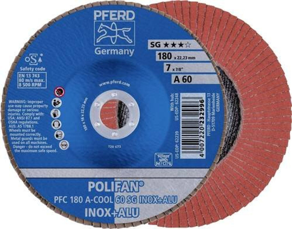 PFERD POLIFAN A-COOL Fächerschleifscheibe für Edelstahl und Aluminium, Körnung 60, Durchmesser: 180 mm, Bohrungs-Ø: 22,23 mm - Bild 2