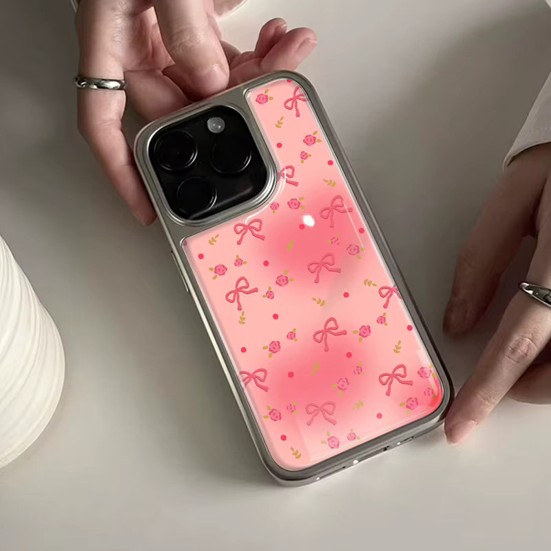 DecoPhone Stoßfeste Handyhülle mit rosa Blumen-Hydrogel-Rückplatte und silbernem Rand für iPhone 17, 16, 15, 14 Pro Max - Bild 3