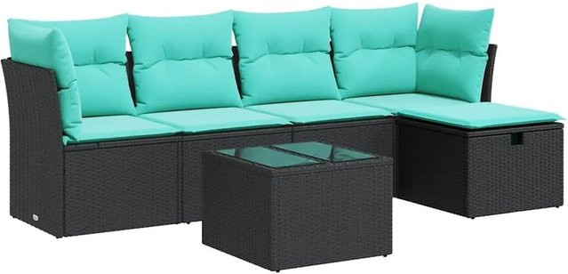 vidaXL 6-teilige Garten-Sofagarnitur aus Poly-Rattan mit Kissen in Schwarz und Blau/Türkis - Bild 1