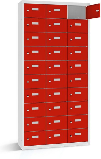 rotstahl Wertfachschrank mit 30 Fächern in Rot und lichtgrauem Korpus, B/T/H: 87.5 x 50 x 180 cm - Bild 1