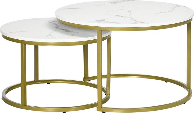 HOMCOM 2er-Set Couchtisch mit Marmoroptik in Weiß und Gold, runde Beistelltische mit Stahlgestell für dein Wohnzimmer - Bild 1