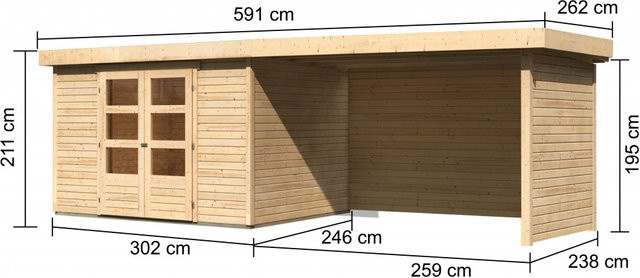 Karibu Gartenhaus Boras aus nordischer Fichte in Natur mit Flachdach und Anbaudach, B/T/H: 298 x 242 x 211 cm - Bild 3