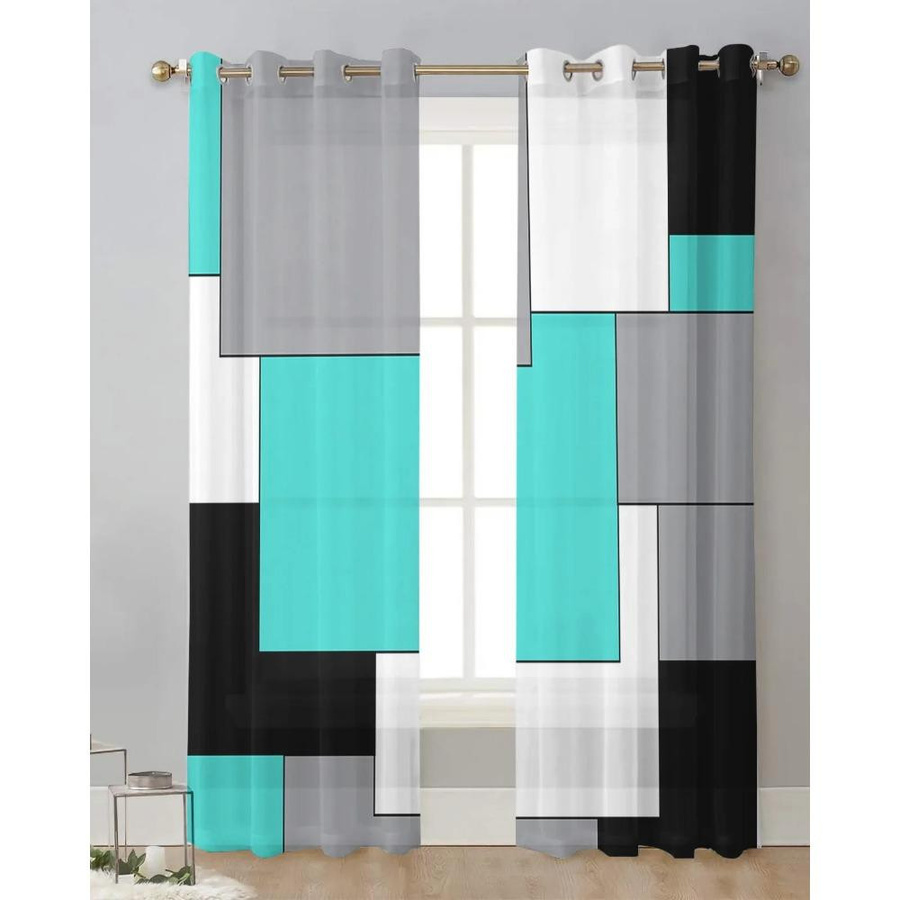 Yiran Furniture Transparente Voile-Vorhänge mit abstraktem Patchwork-Design in Türkis, Schwarz und Grau, Breite: 135 cm, Höhe: 115 cm - Bild 1