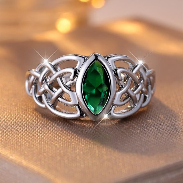 Bamos Ring, Keltischer Knoten, Grün Zirkonia, Silber, Unisex - Bild 1
