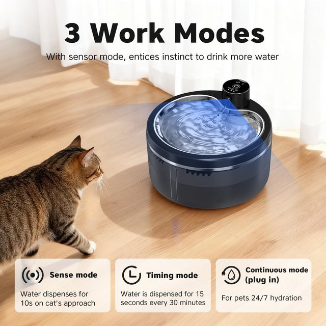 LABEKA Kabelloser Katzenwasserbrunnen in Schwarz mit Edelstahlwanne, 3L Fassungsvermögen, geräuscharmer Haustier-Wasserspender mit intelligenter Sensorik und 4000mAh Akku - Bild 1