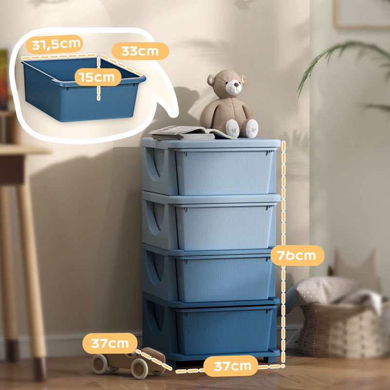 HOMCOM Schubladenschrank für Kinder aus Kunststoff in Blau mit vier Ebenen, B: 37 cm, T: 37 cm, H: 76 cm - Bild 3