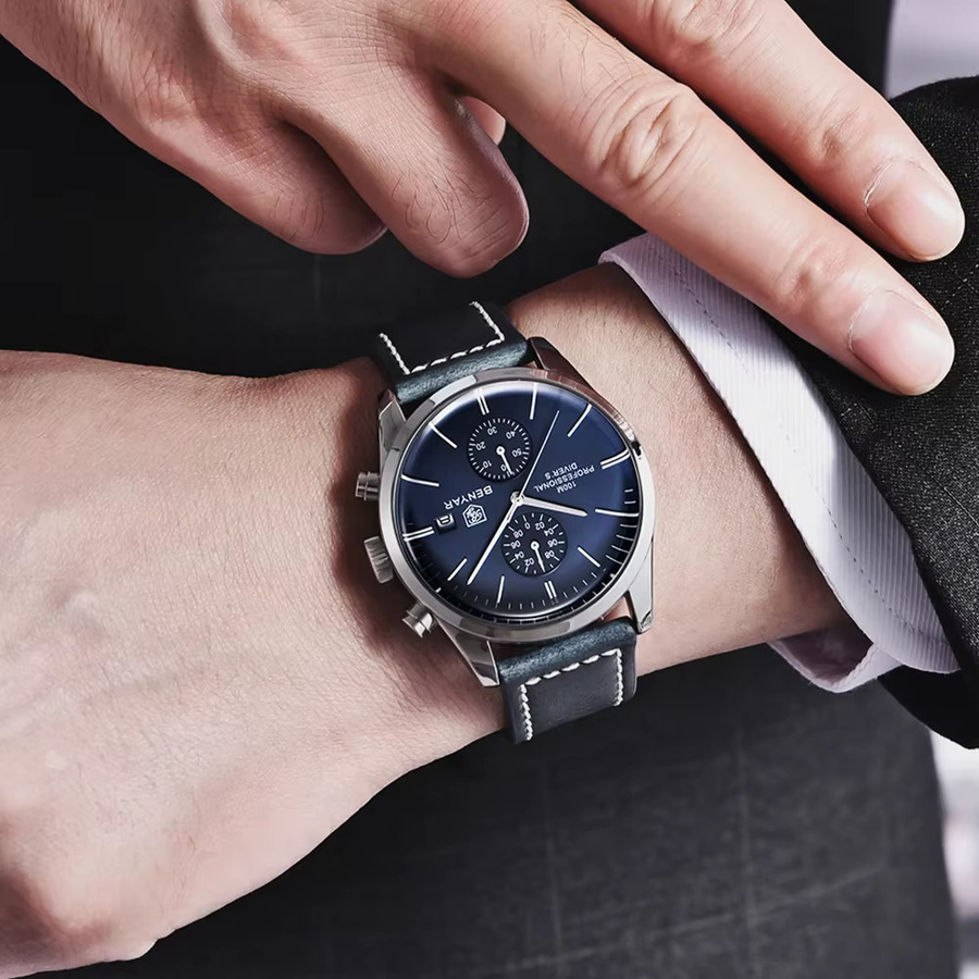BENYAR Chronograph Armbanduhr, Quarz, Leder, Silber, Herren - Bild 2