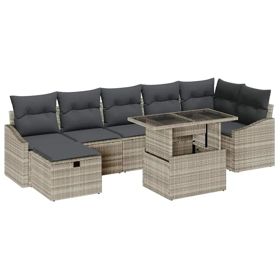 vidaXL Garten-Sofa-Set aus Polyrattan in Hellgrau, 8-teiliges L-Shape Lounge-Set mit Kissen, Ottomane und Couchtisch aus Glas - Bild 2