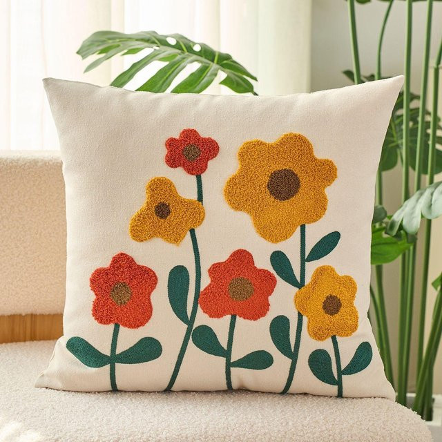 JMG Clothing Boho-Tufting-Kissenbezug mit Blumenstickerei in Beige, B/B: 45 x 45 cm - Bild 1