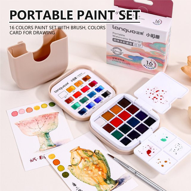 Tragbares Mini Aquarellfarben-Set mit 16 Farben, Pinsel und Palette in Multicolour für Kunst und Skizzen - Bild 1