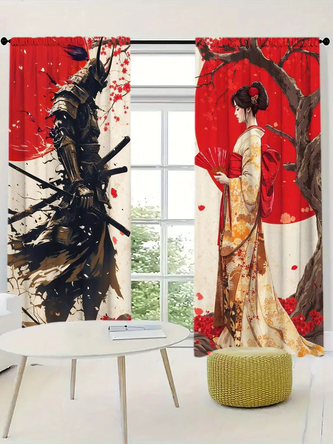 VIKAMA Japanische Samurai und Geisha Kirschblüten Halbverdunkelungsvorhänge mit Ösen, Mehrfarbig, Breite: 116 cm, Höhe: 53 cm - Bild 3