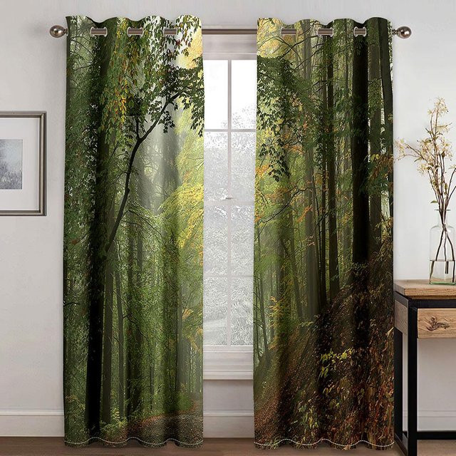 Yiran Furniture Schattenvorhang Frühlingswald Flusslandschaft in Grün, 2 Paneele mit Ösen, transparent, B: 135 cm, H: 165 cm - Bild 1