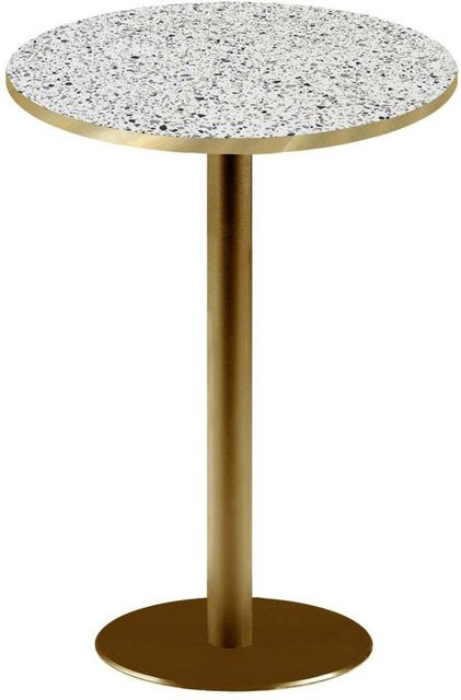 RestooTab Stehtisch Rome rund in Weiß Terrazzo und Goldmetallic mit messingfarbenen Kanten, Höhe: 113 cm, Durchmesser: 60 cm - Bild 1