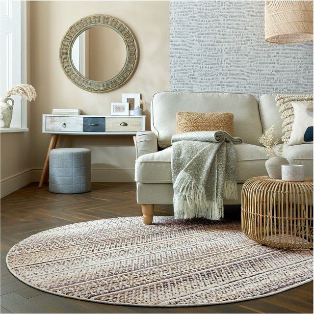 Runder Teppich PERRAN von Kadima Design in Beige und Multicolour mit Streifen im Boho-Stil, Durchmesser: 140 cm - Bild 1
