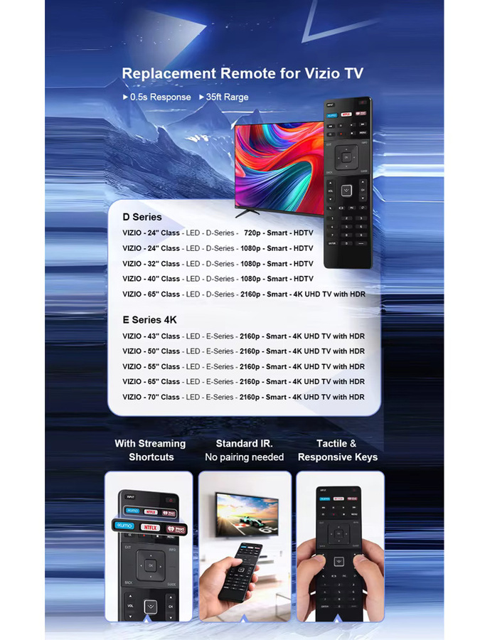 Vizio Ersatz-Fernbedienung für Smart TV D-Serie und E-Serie, kompatibel mit LED HDTV 4K UHD TV HDR, Schwarz - Bild 7