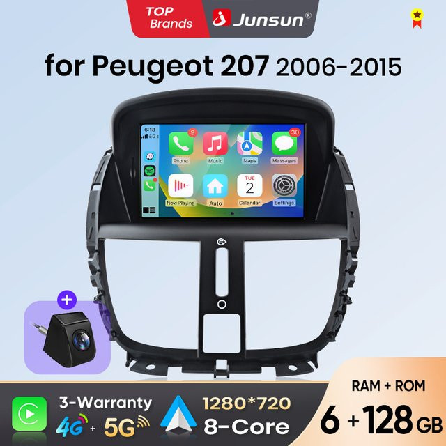 Junsun 7 Zoll Kabelloses CarPlay und Android Auto Autoradio für Peugeot 207 207CC, Multimedia Stereo-Videoplayer mit IPS Touchscreen in Schwarz - Bild 1