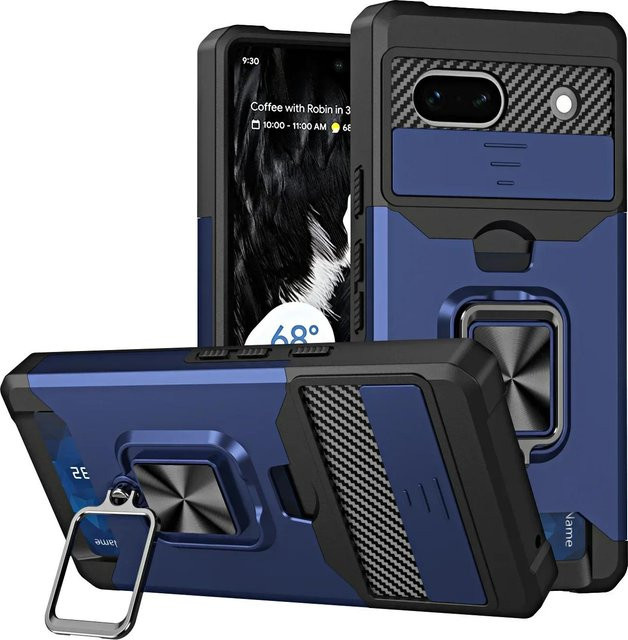 Stoßfeste Kartenhalterhülle für Google Pixel 9 Pro XL 9 Pro 8 7 6 A Pro mit Schiebefach für Kamera und Geldbörse sowie Schutzring und Ständer in Blau - Bild 1