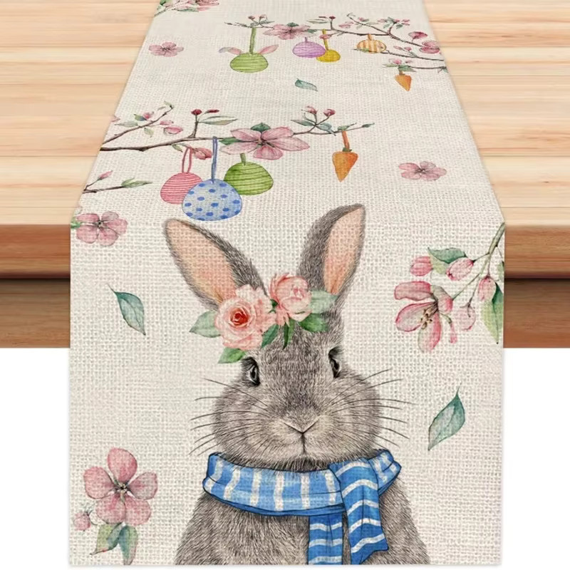 VIKAMA Osterhase Tischläufer aus Leinen in Beige mit floralem Design, Breite: 33 cm, Tiefe: 90 cm - Bild 1