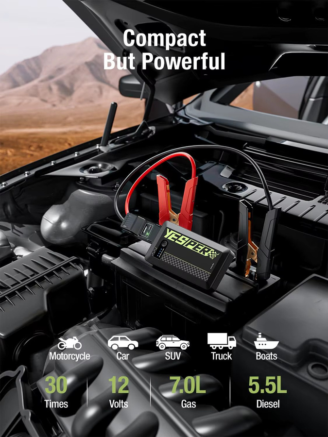 YESPER Tragbarer Auto-Starthilfe-Booster 1500A Spitzenstrom, 12V Batterie-Booster Powerbank mit USB-C, Schwarz, Starthilfegerät für Motorrad, SUV, LKW (7L Benzin / 5.5L Diesel) - Bild 2