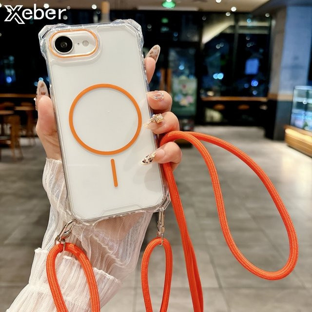 Crossboby Magnetische Transparente Hülle mit Lanyard und Schnur für iPhone 16 15 14 13 12 Pro Max Plus, Pink, MagSafe kompatibel - Bild 1