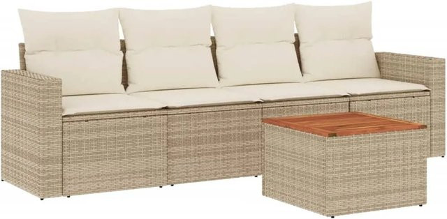 vidaXL 5-teilige Garten-Sofagarnitur aus Poly-Rattan und Akazienholz in Beige-Creme mit Kissen - Bild 1