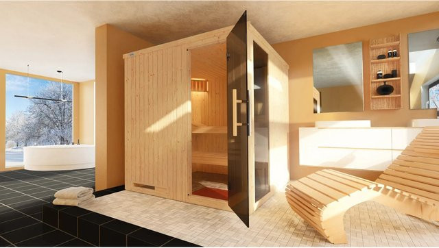 WEKA Elementsauna Halmstad mit 2 Sparset 7,5 kW OS Glastür und Fenster in Braun, B/H/T: 194 x 199 x 177 cm - Bild 1