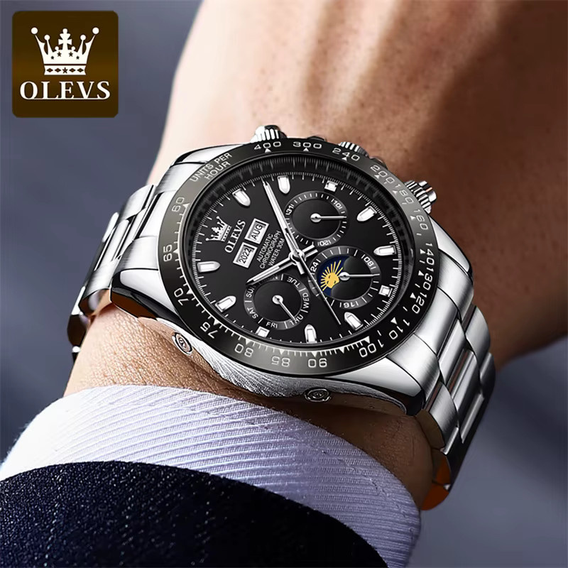 OLEVS Armbanduhr Automatik, Edelstahl, Silber, Schwarz, Herren - Bild 3