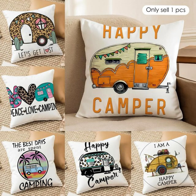 Happy Camping Sofakissenbezug aus seidigem Kurzplüsch in Weiß mit unsichtbarem Reißverschluss - Bild 1