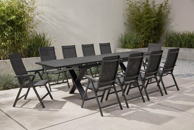 Kettler BasicPlus Garten-Essgruppe in Anthrazit mit ausziehbarem Tisch und 10 Klappstühlen aus Aluminium und Spraystone-Glas - Bild 1
