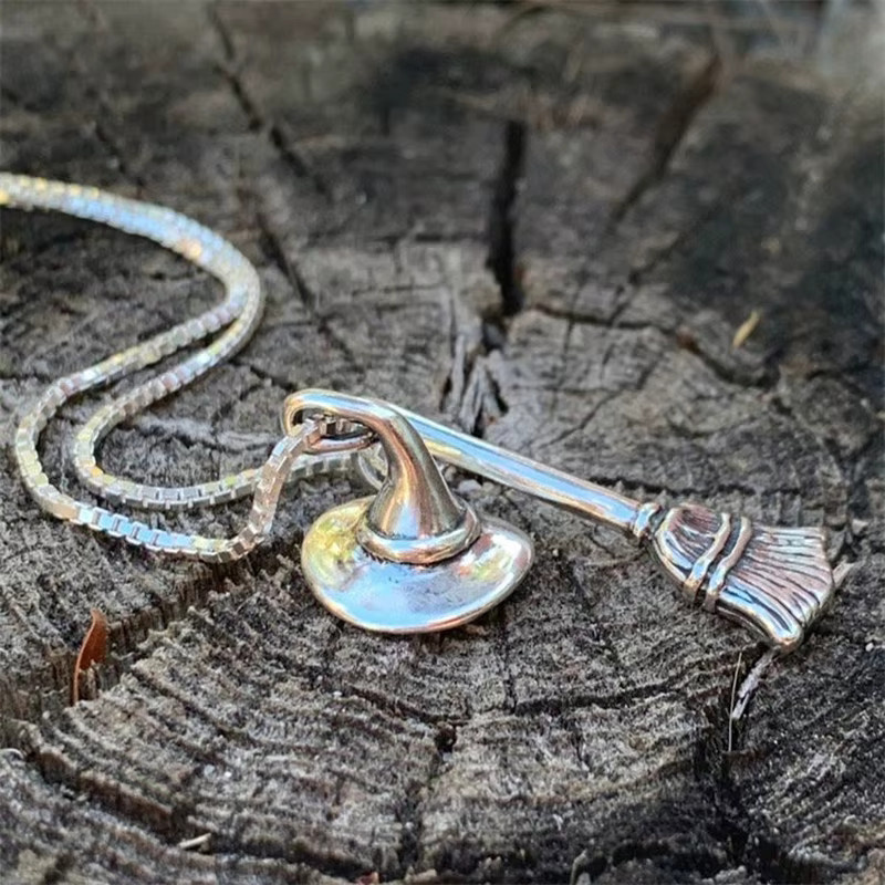 RINHOO FRIENDSHIP Halskette, Hexe Hut Besen Anhänger, Silber, Unisex - Bild 2