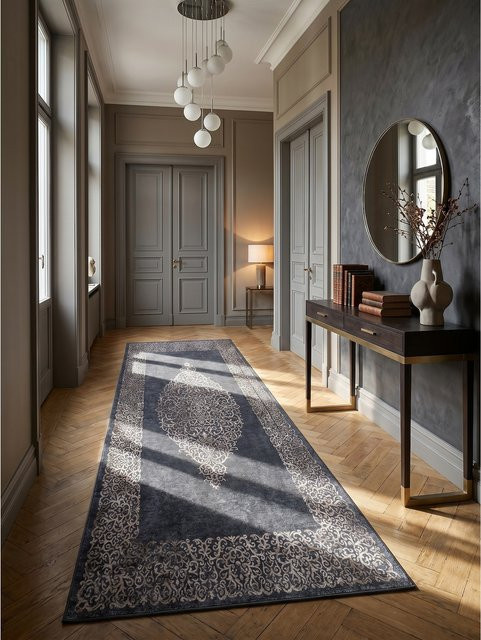 Waschbarer Flachwebteppich Kadima Design PIZOL mit Barock-Ornament in Schwarz und Blau, B: 80 cm, L: 250 cm - Bild 1